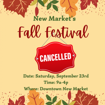 Art graphic with leaves that announces the Fall Festival is canceled.