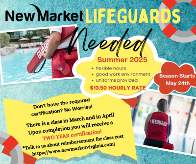 graphic with lifeguards explaining the Town of New Market is hiring lifeguards for the 2025 pool season.